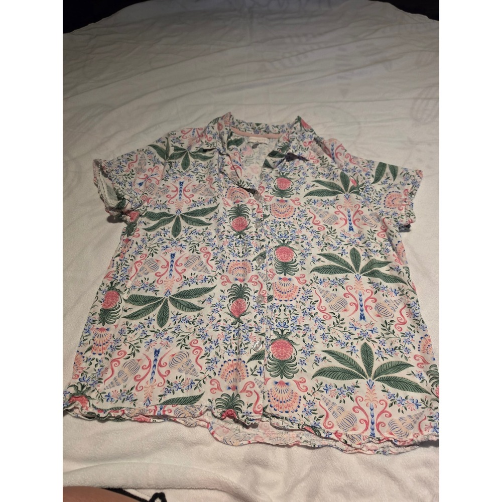 Crown & Ivy Tropical Palm Pineapple Button Down Shirt Pink Green Blue Large